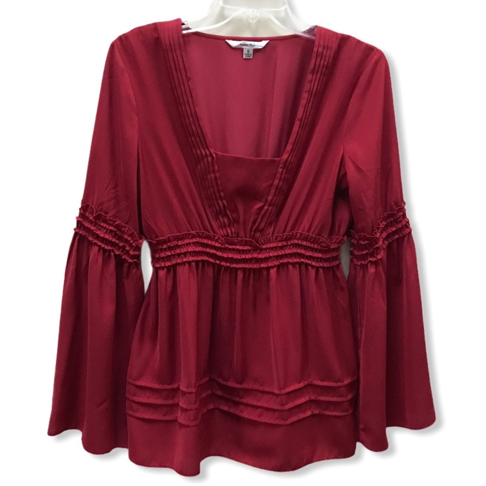 Sophie Max Deep Red Peasant Blouse with Pintuck and Smocked Waist